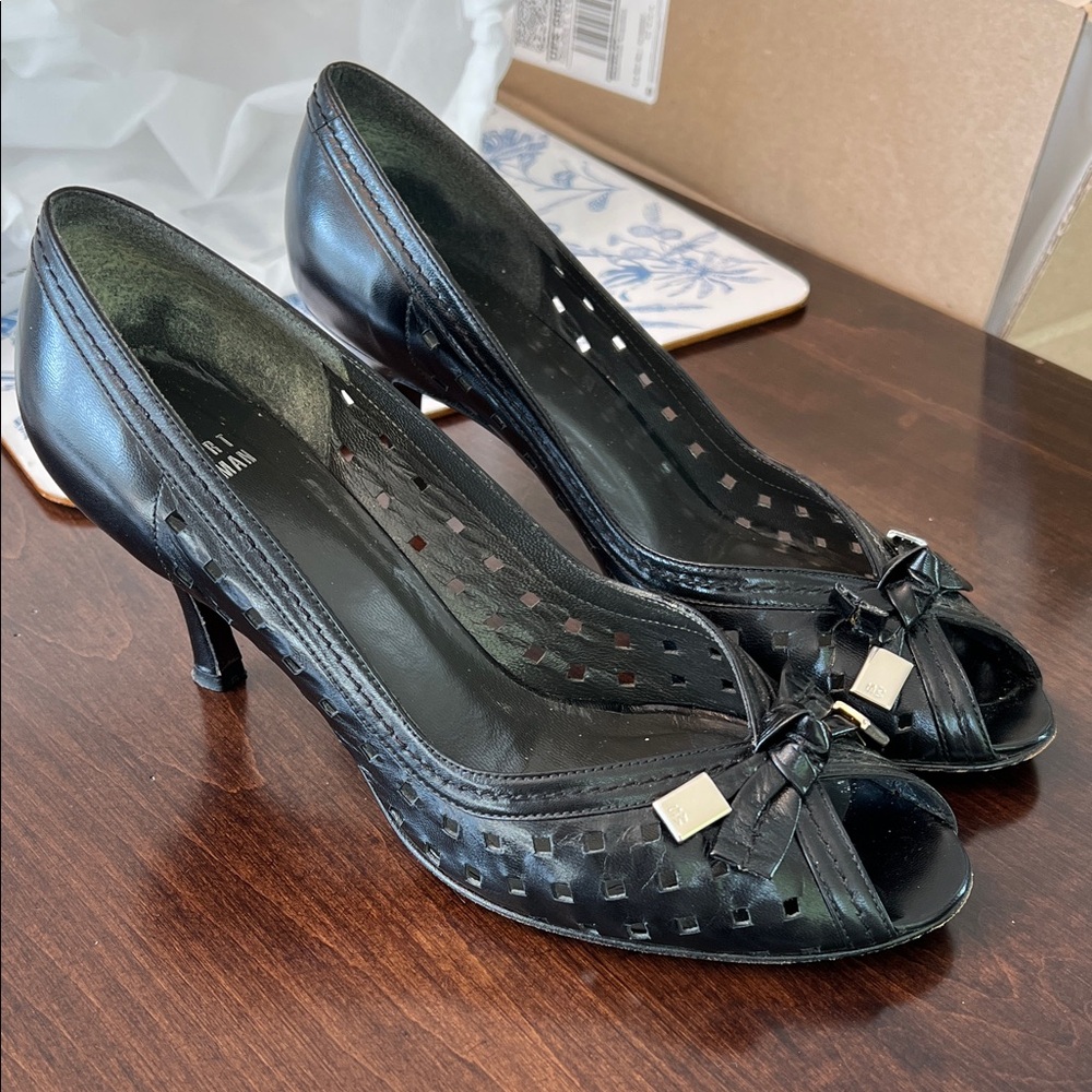 Stuart Weitzman Black Cutout Peep-Toe Heels